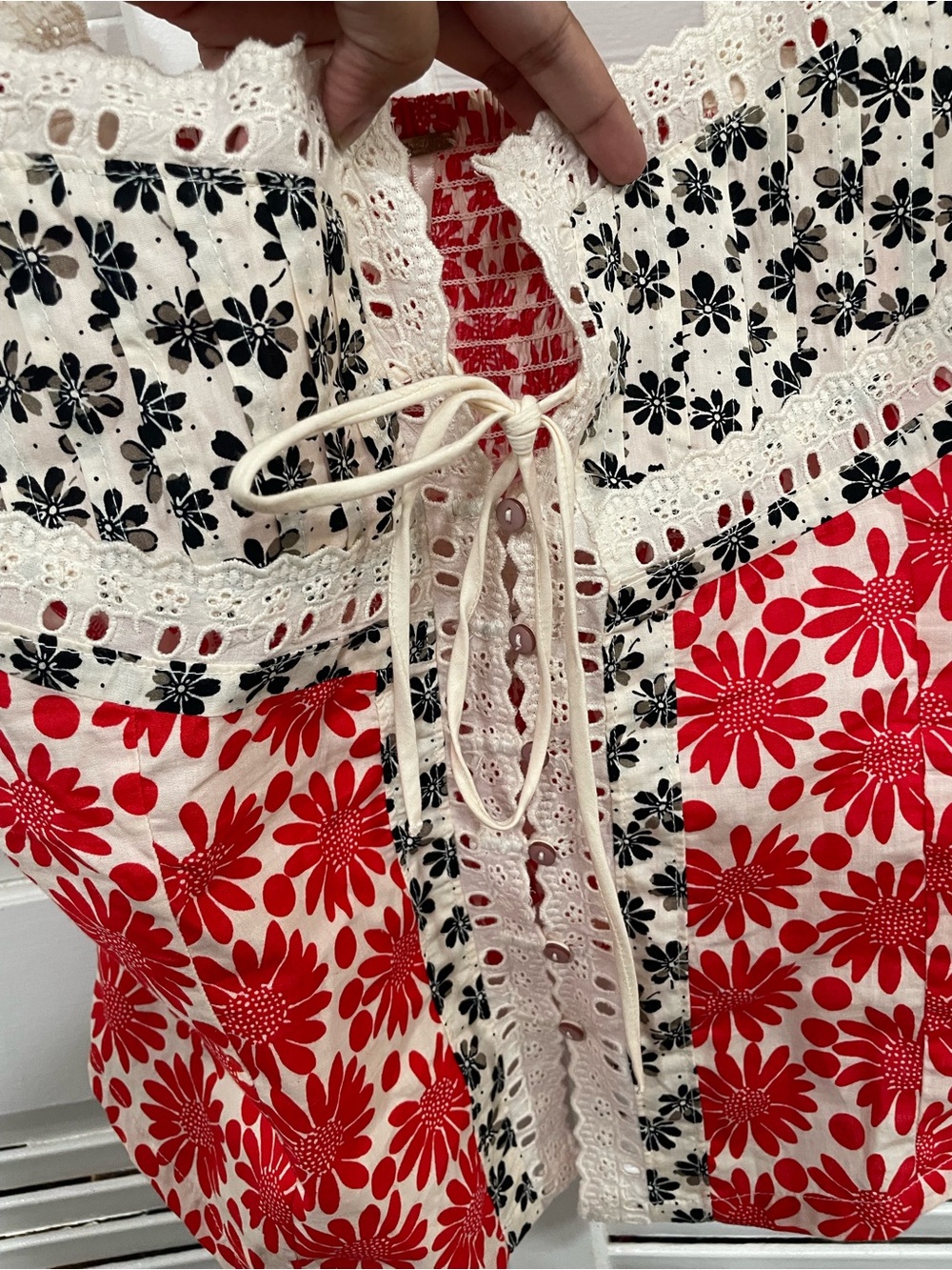 NWT Free People Red, Black & Cream Floral Lace-Trim Tie-Front Top - Picture 6 of 7